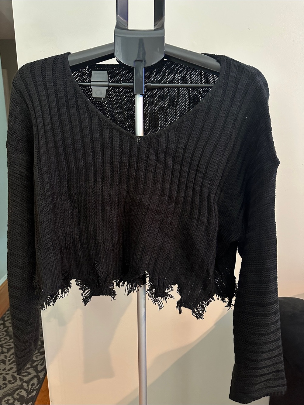 Shein Curve Sweater Womens 0XL Black Distressed Crop Ribbed Knit Grunge Y2K
